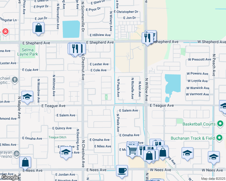 map of restaurants, bars, coffee shops, grocery stores, and more near 8598 North Heartland Way in Fresno
