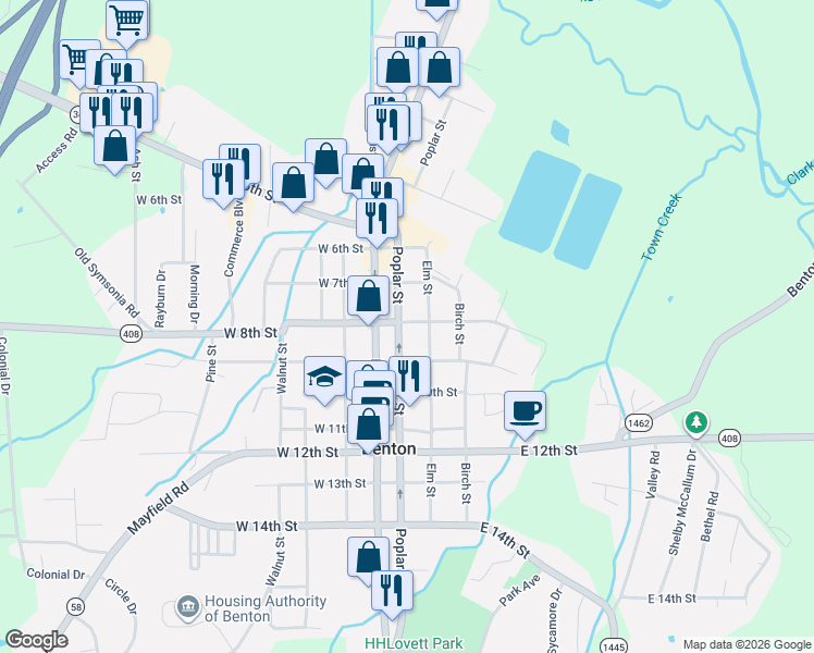 map of restaurants, bars, coffee shops, grocery stores, and more near 803 Poplar Street in Benton
