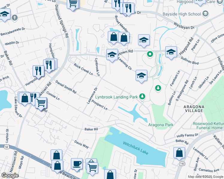 map of restaurants, bars, coffee shops, grocery stores, and more near 5524 Gosling Ct in Virginia Beach