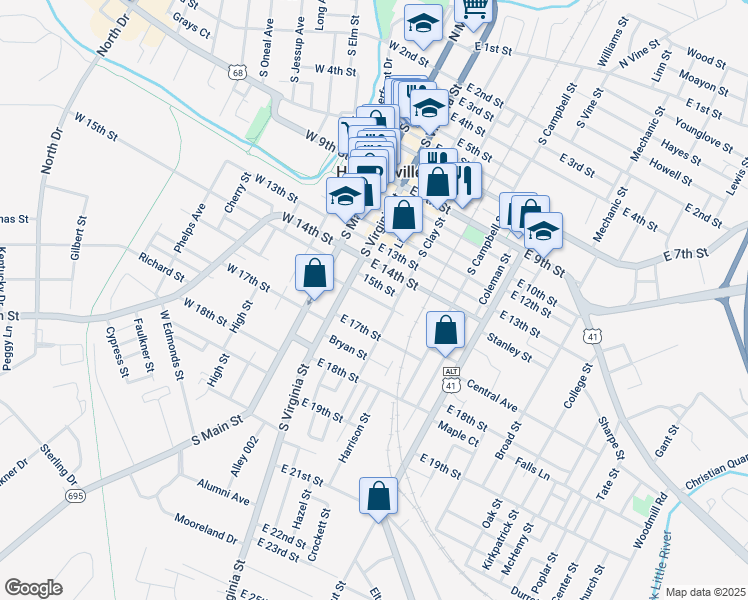 map of restaurants, bars, coffee shops, grocery stores, and more near 317 East 16th Street in Hopkinsville