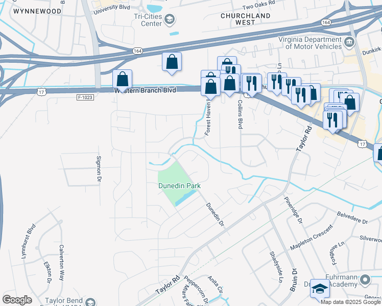 map of restaurants, bars, coffee shops, grocery stores, and more near 3361 Brandywine Drive in Chesapeake