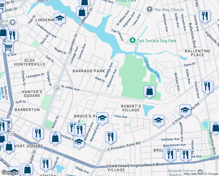 map of restaurants, bars, coffee shops, grocery stores, and more near 2220 Marshall Avenue in Norfolk