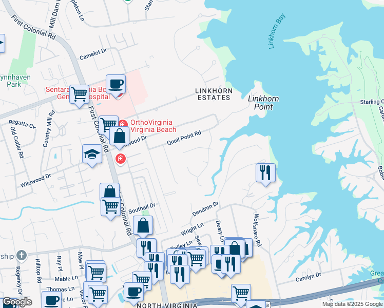 map of restaurants, bars, coffee shops, grocery stores, and more near 1609 Star Grass Road in Virginia Beach
