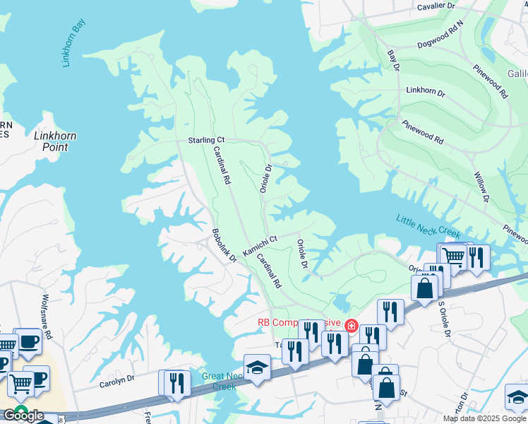 map of restaurants, bars, coffee shops, grocery stores, and more near 914 Oriole Drive in Virginia Beach
