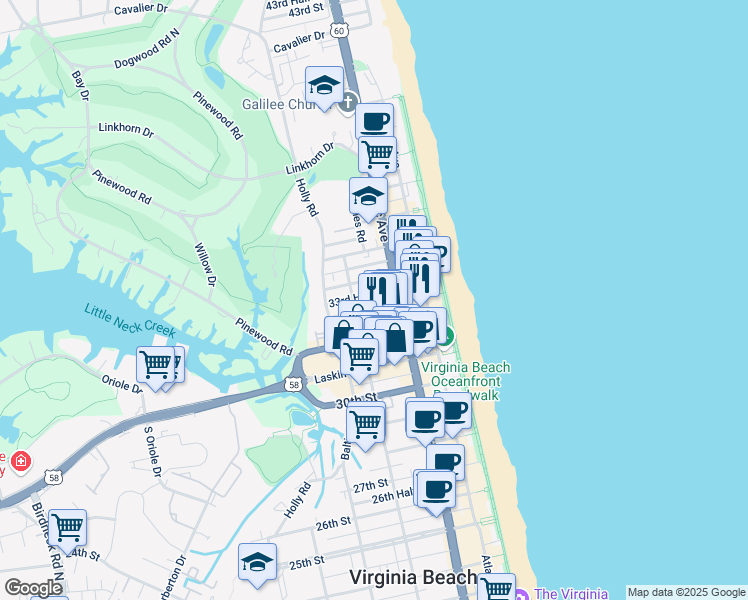 map of restaurants, bars, coffee shops, grocery stores, and more near 311 33rd Street in Virginia Beach
