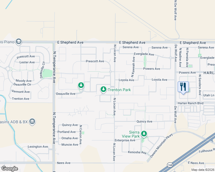 map of restaurants, bars, coffee shops, grocery stores, and more near 2962 Moody Avenue in Clovis