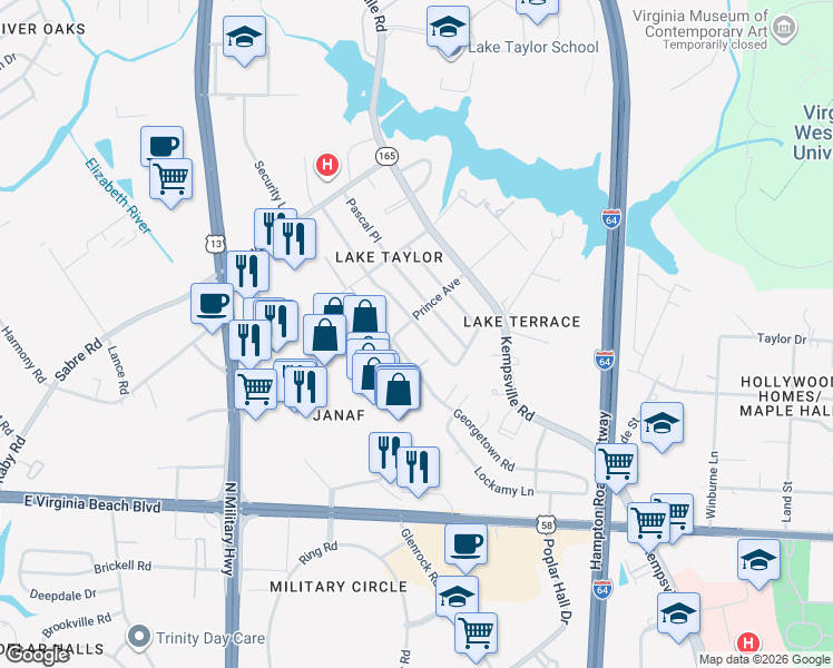 map of restaurants, bars, coffee shops, grocery stores, and more near 1153 Janaf Place in Norfolk