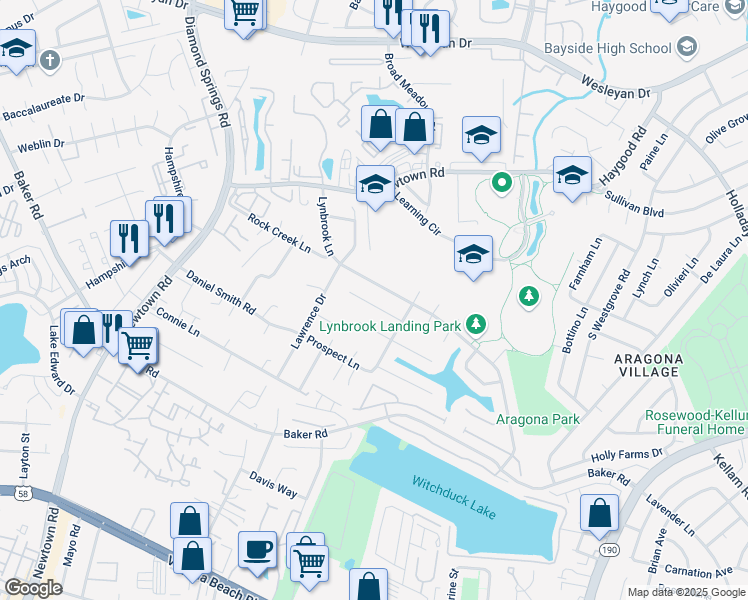 map of restaurants, bars, coffee shops, grocery stores, and more near 5524 Gosling Court in Virginia Beach