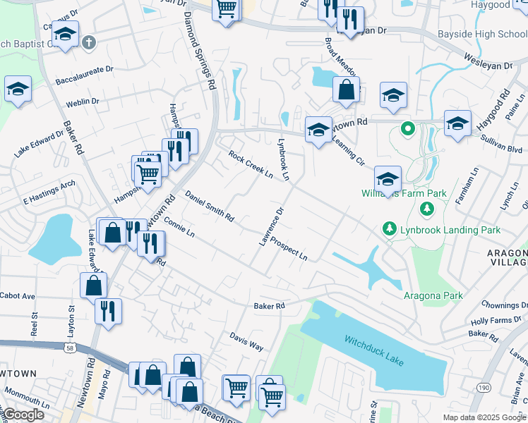map of restaurants, bars, coffee shops, grocery stores, and more near 721 Lawrence Drive in Virginia Beach