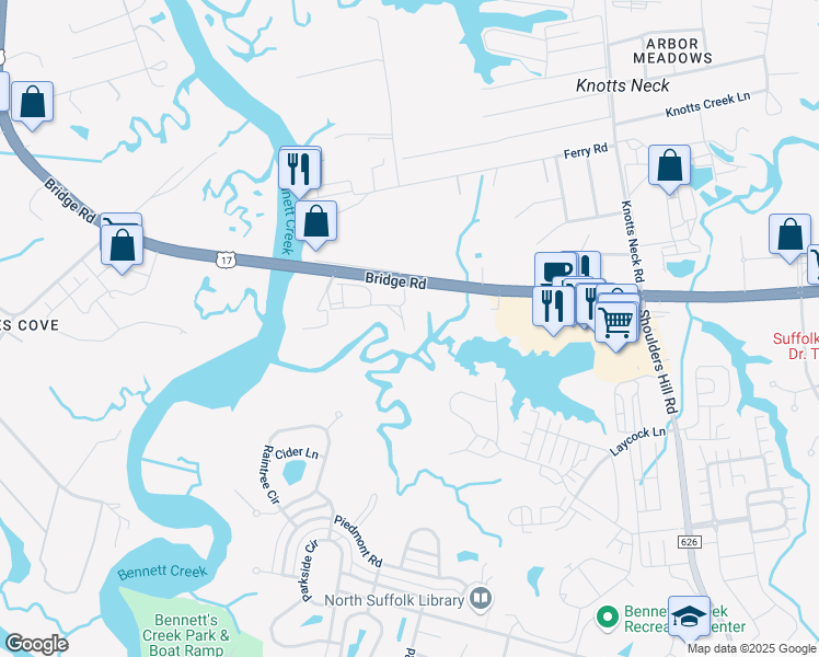 map of restaurants, bars, coffee shops, grocery stores, and more near 3345 Bridge Road in Suffolk