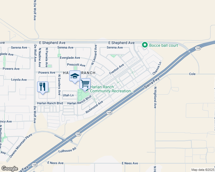 map of restaurants, bars, coffee shops, grocery stores, and more near 3902 Harlan Ranch Boulevard in Clovis