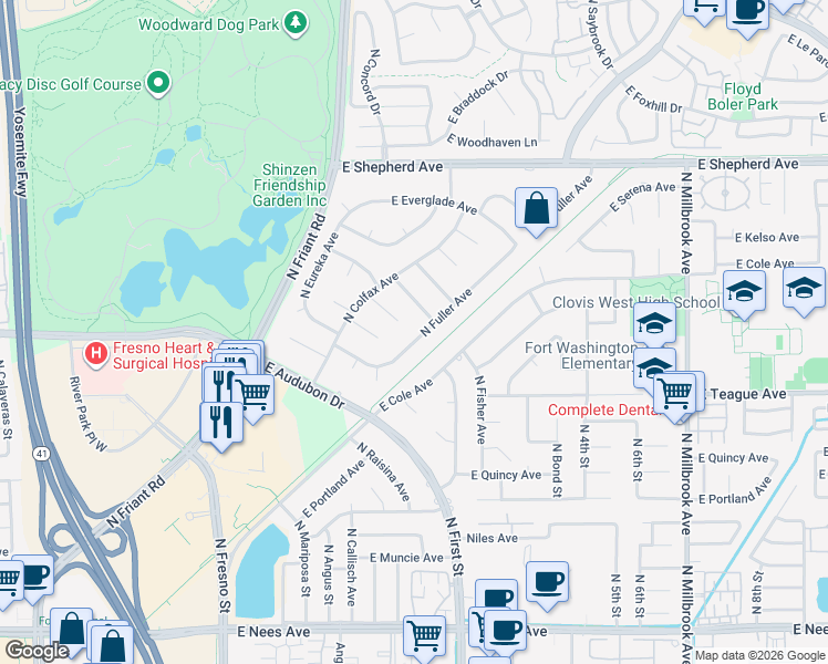 map of restaurants, bars, coffee shops, grocery stores, and more near 8575 North Fuller Avenue in Fresno