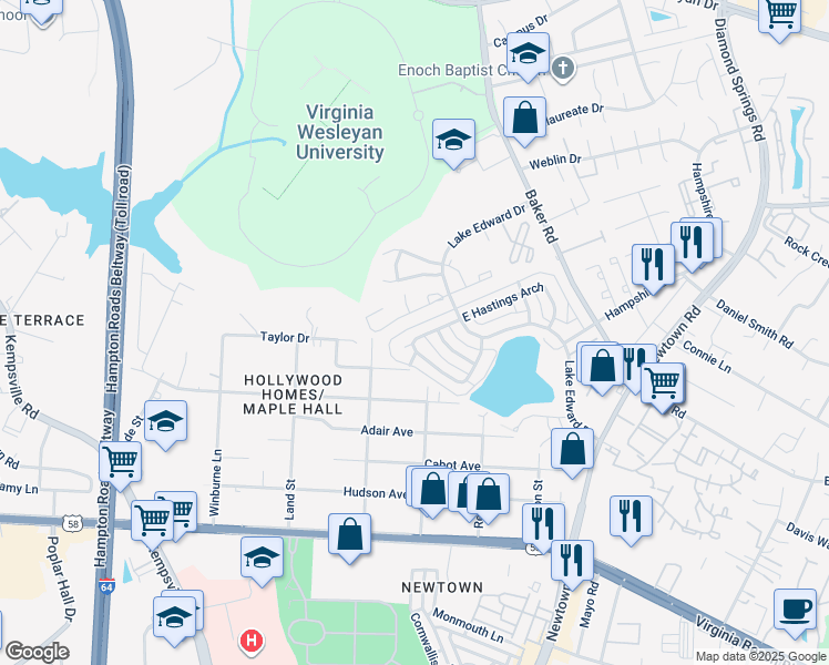 map of restaurants, bars, coffee shops, grocery stores, and more near 5940 West Hastings Arch in Virginia Beach