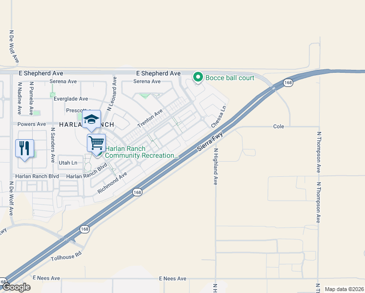 map of restaurants, bars, coffee shops, grocery stores, and more near 4078 Chessa Lane in Clovis