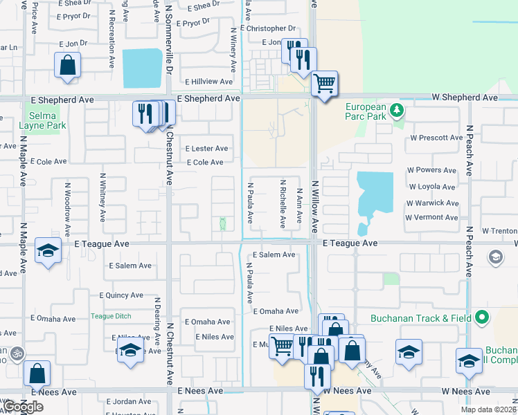 map of restaurants, bars, coffee shops, grocery stores, and more near 2816 East Utah Avenue in Fresno