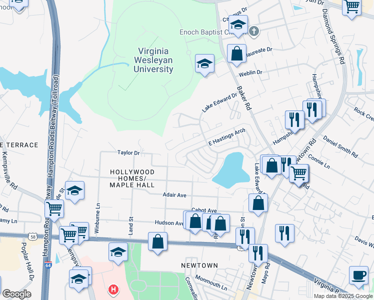 map of restaurants, bars, coffee shops, grocery stores, and more near 5940 West Hastings Arch in Virginia Beach