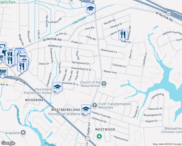 map of restaurants, bars, coffee shops, grocery stores, and more near 3525 Spence Road in Portsmouth