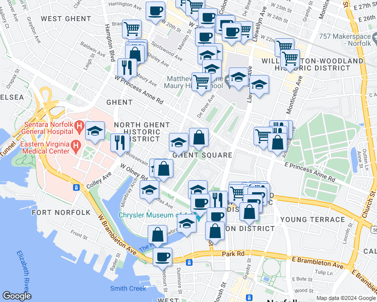 map of restaurants, bars, coffee shops, grocery stores, and more near 841 Botetourt Gardens in Norfolk