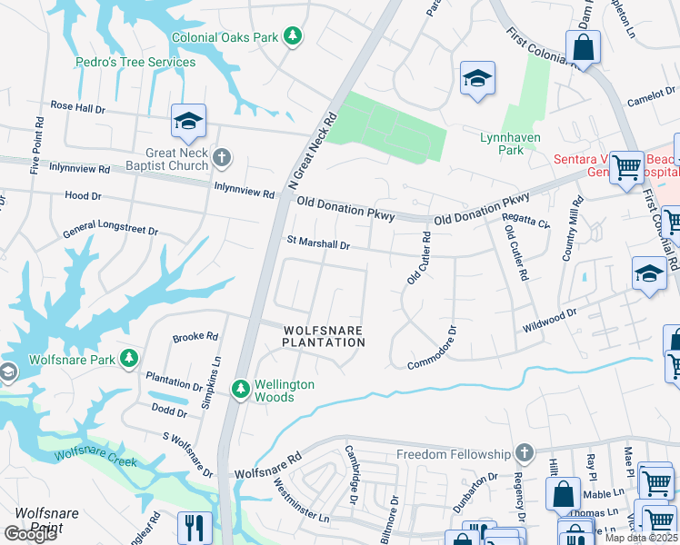 map of restaurants, bars, coffee shops, grocery stores, and more near 2213 Earl of Essex Drive in Virginia Beach