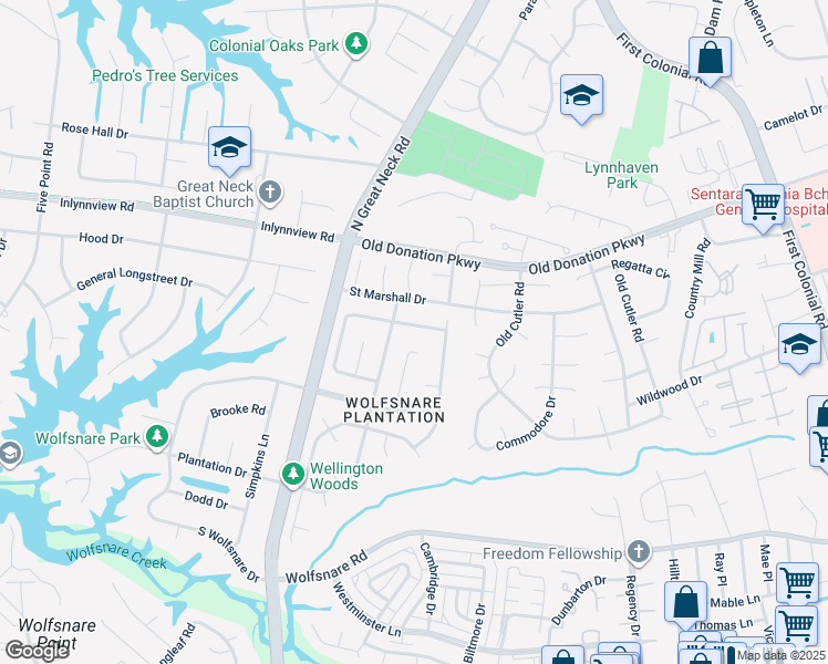 map of restaurants, bars, coffee shops, grocery stores, and more near 2213 Earl of Essex Drive in Virginia Beach