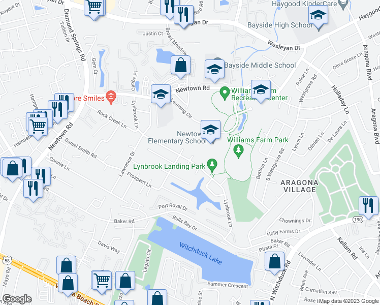 map of restaurants, bars, coffee shops, grocery stores, and more near 713 Crystal Springs Court in Virginia Beach