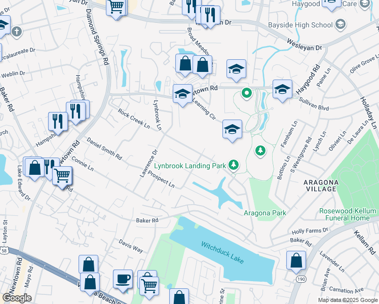 map of restaurants, bars, coffee shops, grocery stores, and more near 5524 Gosling Court in Virginia Beach