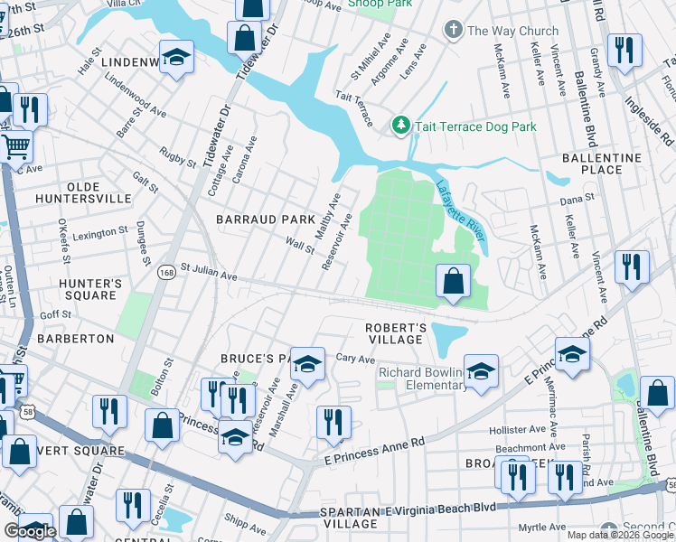 map of restaurants, bars, coffee shops, grocery stores, and more near 2220 Marshall Avenue in Norfolk