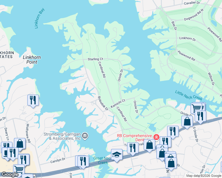 map of restaurants, bars, coffee shops, grocery stores, and more near 908 Cardinal Road in Virginia Beach
