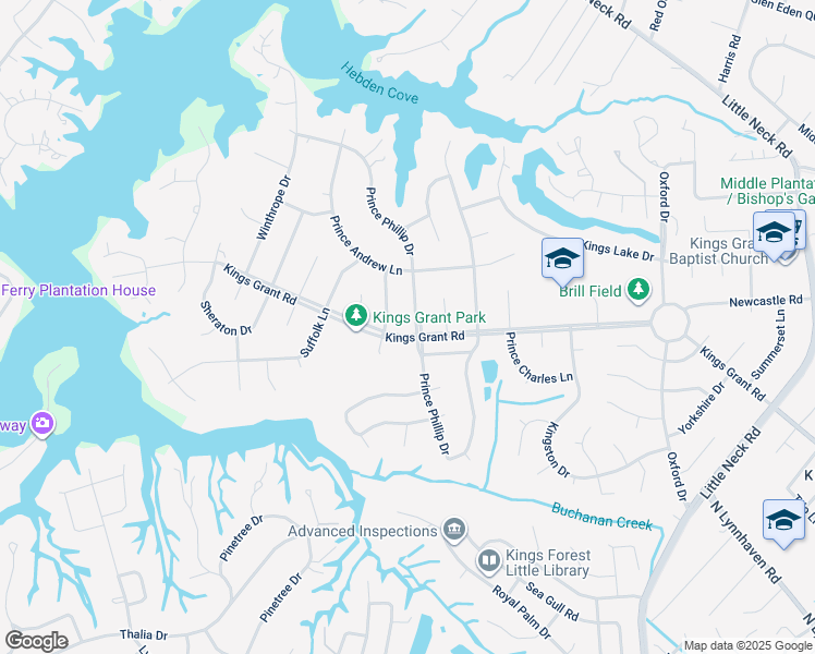 map of restaurants, bars, coffee shops, grocery stores, and more near 801 Prince Phillip Drive in Virginia Beach
