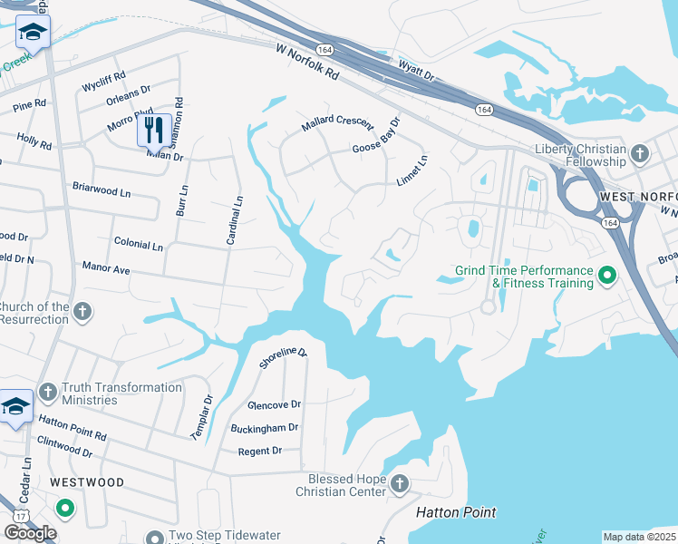 map of restaurants, bars, coffee shops, grocery stores, and more near 703 Sawgrass Lane in Portsmouth