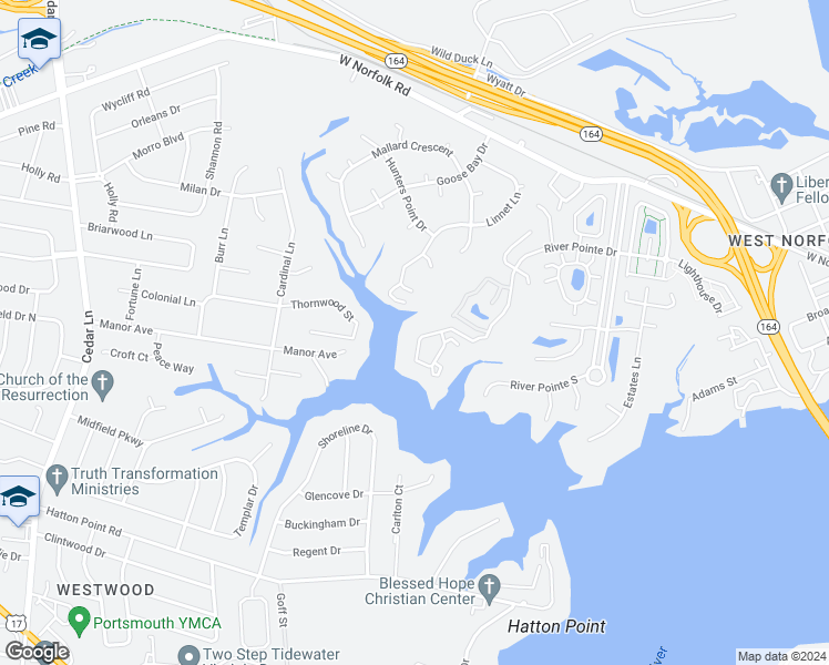 map of restaurants, bars, coffee shops, grocery stores, and more near 703 Sawgrass Lane in Portsmouth