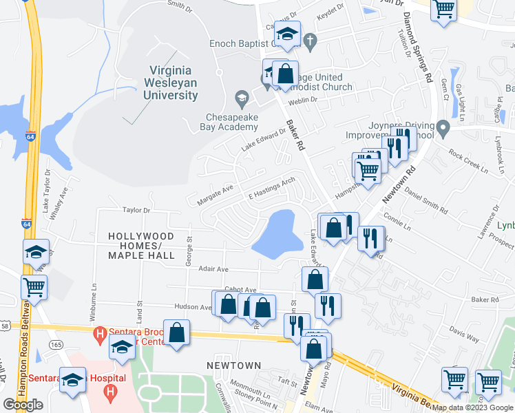 map of restaurants, bars, coffee shops, grocery stores, and more near 802 Lake Edward Drive in Virginia Beach