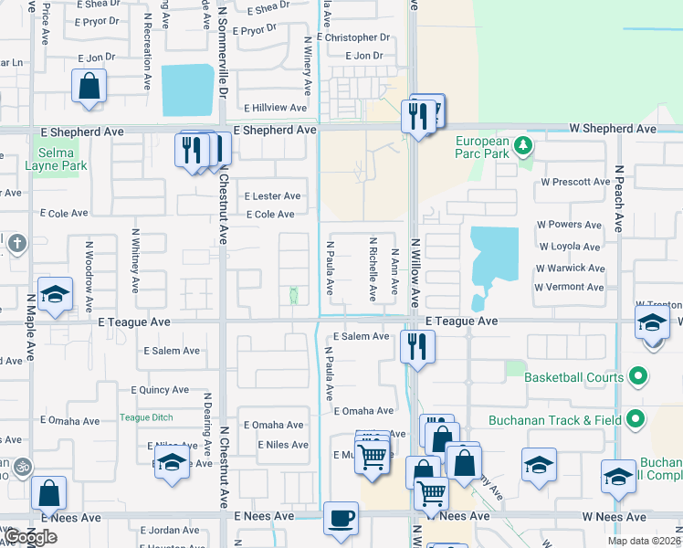 map of restaurants, bars, coffee shops, grocery stores, and more near 2816 East Utah Avenue in Fresno