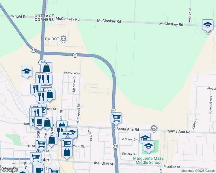 map of restaurants, bars, coffee shops, grocery stores, and more near 325 North Chappell Road in Hollister
