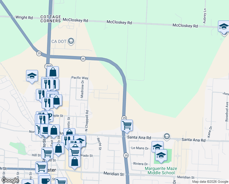 map of restaurants, bars, coffee shops, grocery stores, and more near 325 North Chappell Road in Hollister