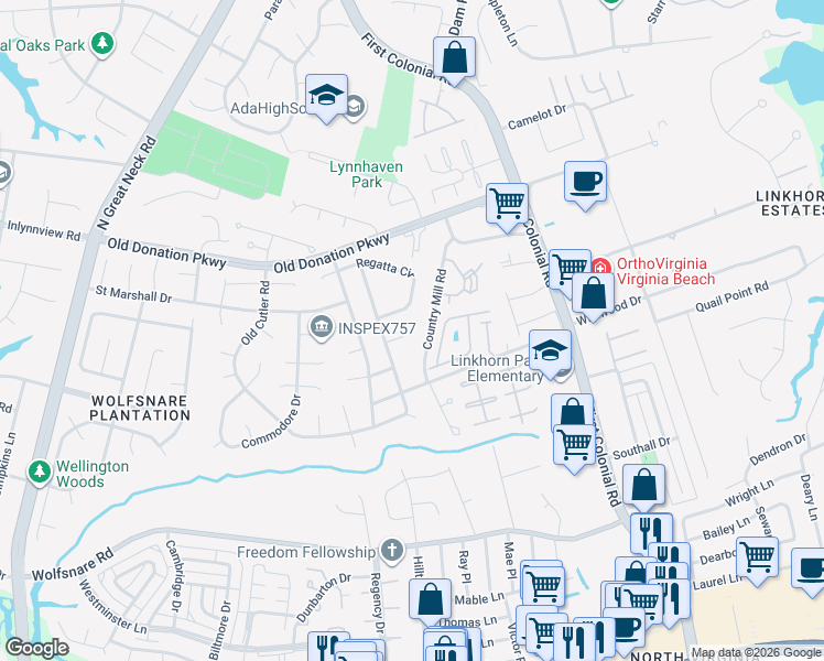 map of restaurants, bars, coffee shops, grocery stores, and more near 2000 Starboard Court in Virginia Beach