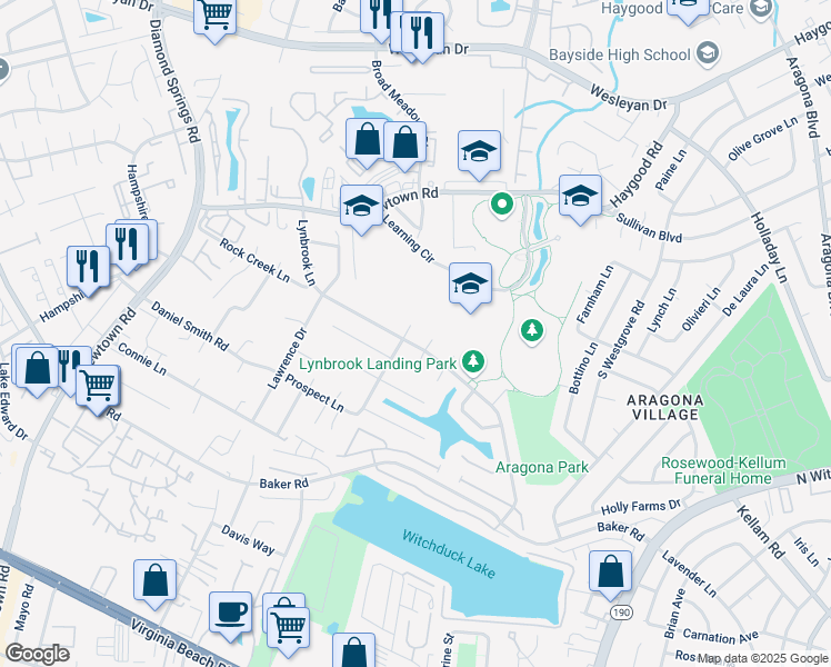 map of restaurants, bars, coffee shops, grocery stores, and more near 5419 Lynbrook Landing in Virginia Beach