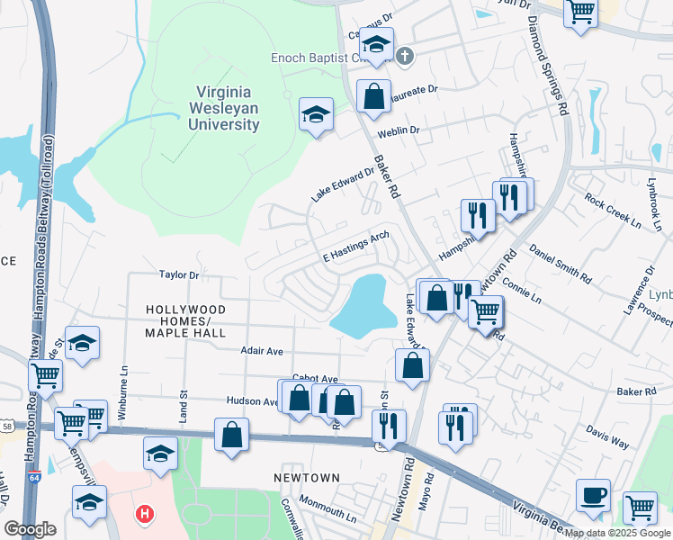 map of restaurants, bars, coffee shops, grocery stores, and more near 817 Lake Edward Drive in Virginia Beach