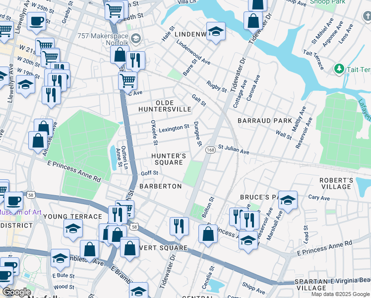 map of restaurants, bars, coffee shops, grocery stores, and more near 886S Johnson Avenue in Norfolk