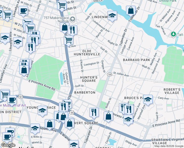 map of restaurants, bars, coffee shops, grocery stores, and more near in Norfolk