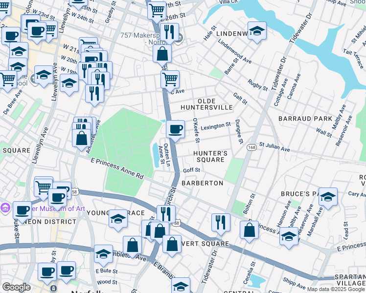 map of restaurants, bars, coffee shops, grocery stores, and more near 715 Washington Avenue in Norfolk