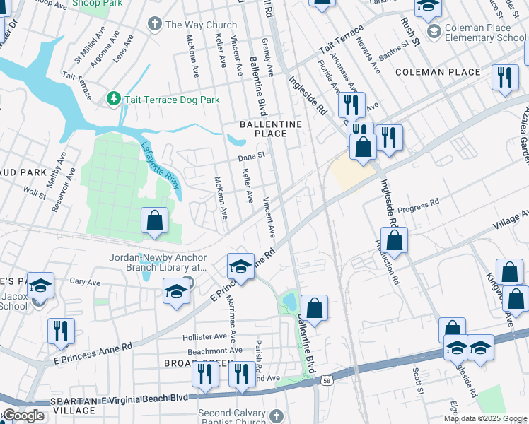 map of restaurants, bars, coffee shops, grocery stores, and more near 2149 Vincent Avenue in Norfolk