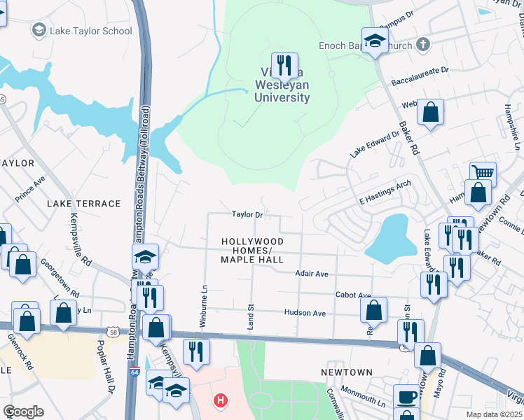 map of restaurants, bars, coffee shops, grocery stores, and more near 1242 Land Street in Norfolk
