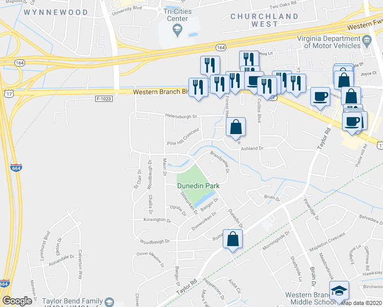 map of restaurants, bars, coffee shops, grocery stores, and more near 3501 Forest Haven Lane in Chesapeake