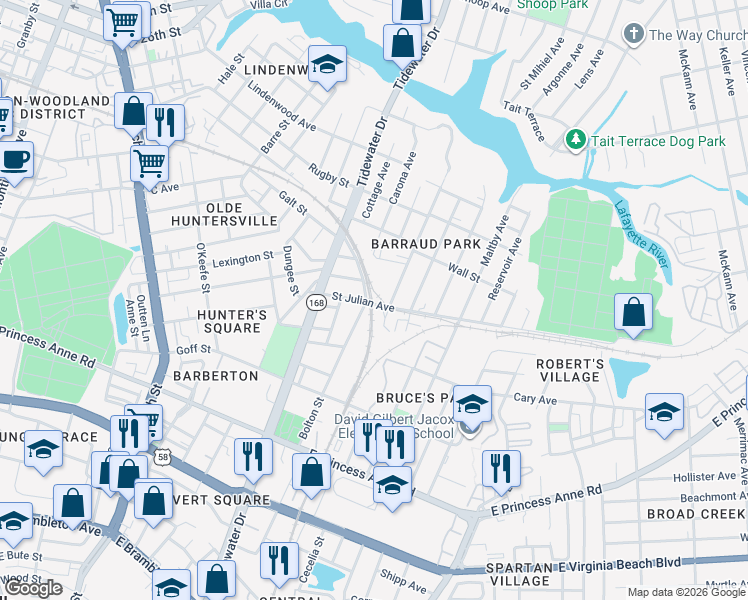 map of restaurants, bars, coffee shops, grocery stores, and more near 1100 Saint Julian Avenue in Norfolk