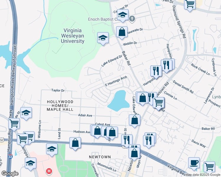 map of restaurants, bars, coffee shops, grocery stores, and more near 800 Lake Edward Drive in Virginia Beach