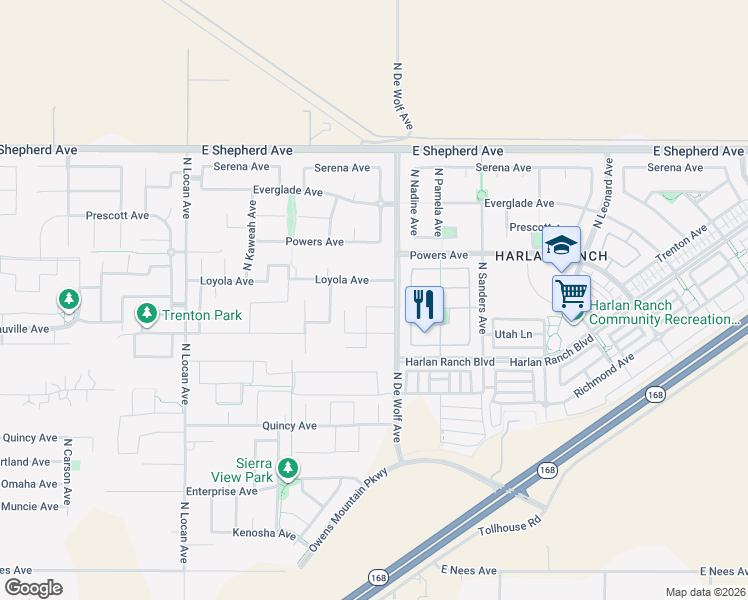 map of restaurants, bars, coffee shops, grocery stores, and more near 3363 Vermont in Clovis