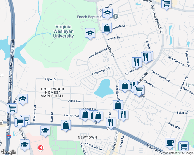 map of restaurants, bars, coffee shops, grocery stores, and more near 800 Lake Edward Drive in Virginia Beach