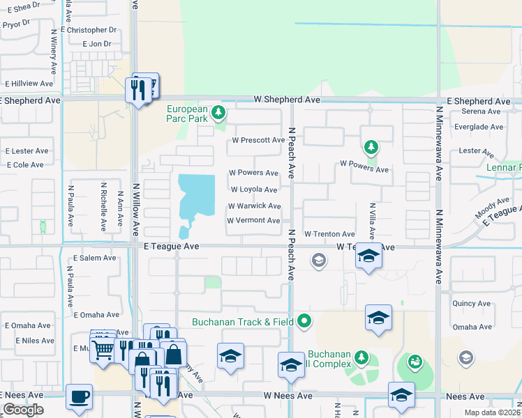 map of restaurants, bars, coffee shops, grocery stores, and more near 493 West Vermont Avenue in Clovis