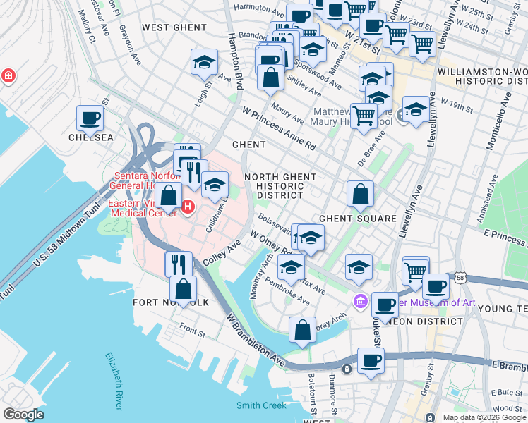 map of restaurants, bars, coffee shops, grocery stores, and more near 617 Boissevain Avenue in Norfolk